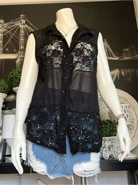 Dots Black Sheer Lace & Sequin Sleeveless Top – Size XL
